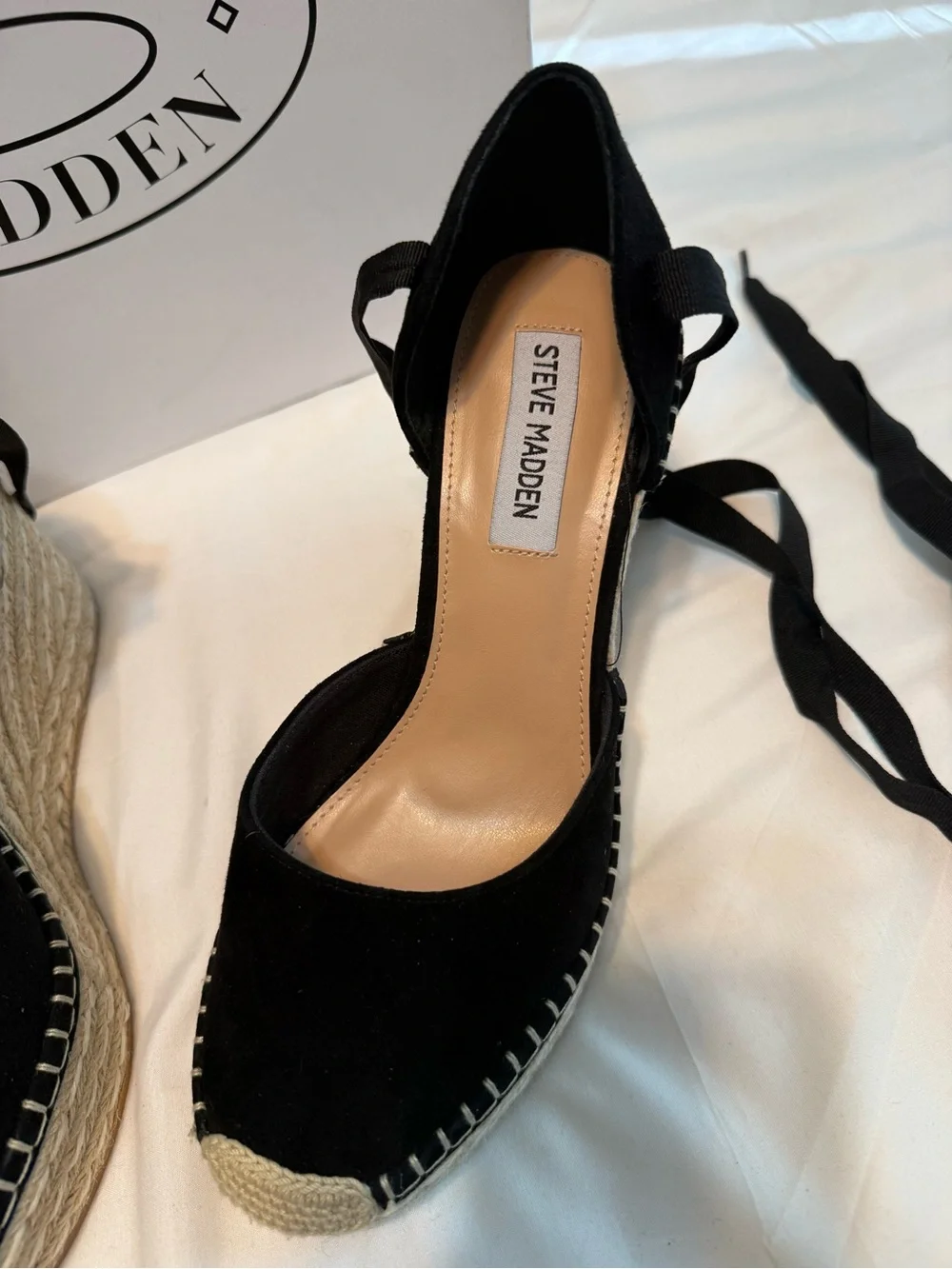 Steve Madden Black Suede Espadrille Wedge Sandals with Ankle Tie